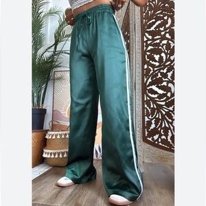 Wide Leg Green Track Pants with White Stripe